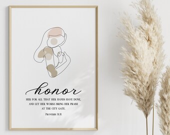 Proverbs 31:31 mother's day poster/canvas, Boho Modern Christian wall art, Relgious bible verse mother and child line drawing gift for mom