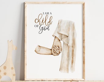 Ik ben een kind van God kunst aan de muur poster print, Jezus schilderij met de hand van het kind neutrale aquarel kinderkamer decor, doopsel baby shower cadeau