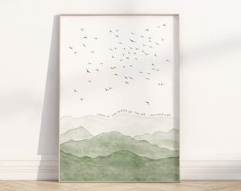 Matthew 6:26 Look at the birds of the air Bible verse wall art poster, modern Christian abstract sage green watercolor minimalist landscape