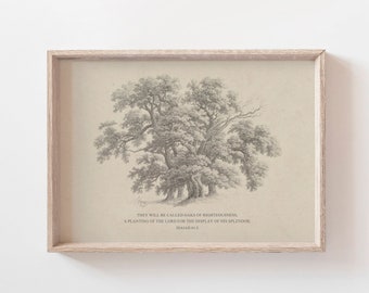 Jesaja 61:3 Oaks of Righteousness Bijbelvers Wall Art Poster, Rustieke Vintage Christelijke schets tekening landschap Schrift Quote artwork