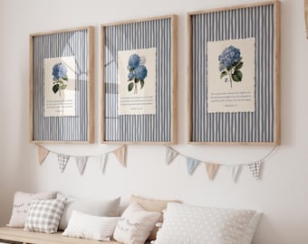 Set of 3 Cottagecore Bible Verse Wall Art Poster/Canvas, Christian Nursery Scripture Quote Vintage Blue hydrangea Floral kids room Print