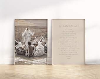 The Lord's Prayer Bible Verse Wall Art Unframed poster set of 2, Sermon on the Mount Christian Vintage Neutral Oil Painting Scripture Quote