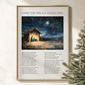 Hark the Herald Angels Sing Christmas Hymn Wall Art Poster/Canvas, Christian Carol Song Lyrics, Scena Narodzenia, Malarstwo olejne, Dzieło sztuki religijnej