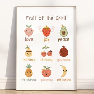 Kids Fruit of the Spirit Bible verse wall art poster/canvas, Galatians 5:22-23 Christian Religious Scripture quote Nursery Artwork Print image 1