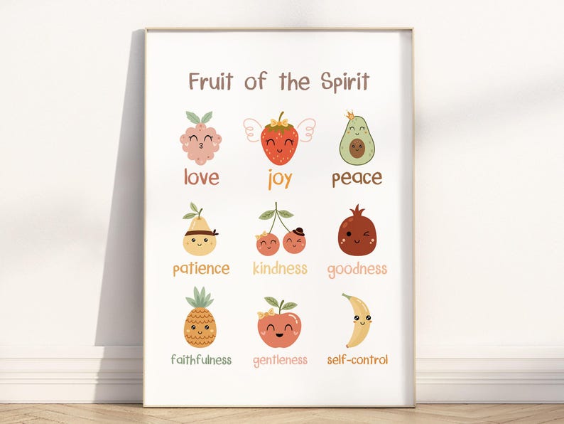 Kids Fruit of the Spirit Bible verse wall art poster/canvas, Galatians 5:22-23 Christian Religious Scripture quote Nursery Artwork Print image 1