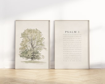 Psalm 1 He shall be like a tree Bible Verse wall art unframed poster, Set of 2 Christian watercolor illustration scripture quote artwork