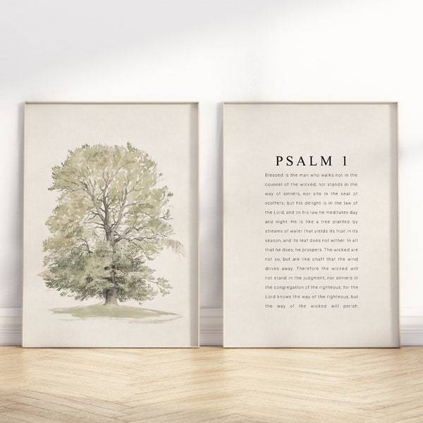 Psalm 1 He shall be like a tree Bible Verse wall art unframed poster, Set of 2 Christian watercolor illustration scripture quote artwork