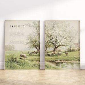 Póster/lienzo de arte mural con versículo bíblico del capítulo completo del Salmo 23, juego de 2, pintura al óleo cristiana vintage, paisaje, cita de las Escrituras, obra de arte impresa