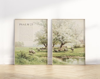 Psalm 23 Full Chapter Bible Verse wall art Poster/Canvas, Set of 2 Christian Vintage oil painting landscape scripture quote Artwork print