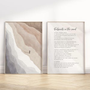 Footprints in the sand poem Christian wall art Poster/canvas set of 2, Abstract Modern Religious mid-century watercolor minimalist landscape