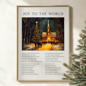 Vreugde aan de wereld Kersthymne muurkunst poster/canvas, Christian Carol Songtekst Kerklandschap olieverfschilderij Religieus vakantiekunstwerk