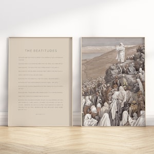 The Beatitudes Bible Verse Wall Art Poster/Canvas set of 2, Sermon on the Mount Christian Vintage Neutral Oil Painting Scripture Quote Print