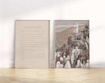 The Beatitudes Bible Verse Wall Art Unframed Poster set of 2, Sermon on the Mount Christian Vintage Neutral Oil Painting Scripture Quote Art