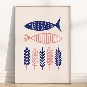 Jezus voedt 5000 minimalistische christelijke muurkunst poster/canvas, Matthew 14 5 broden/brood 2 vis religieuze vintage Bijbel illustratie artwork