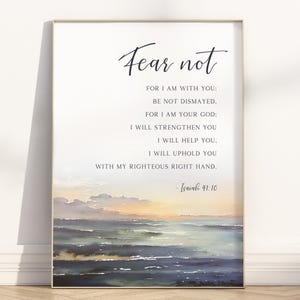 Isaiah 41:10 Fear not Bible Verse Wall Art Poster/Canvas, Modern Christian Minimalist Watercolor Beach Ocean Landscape Scripture Quote Print