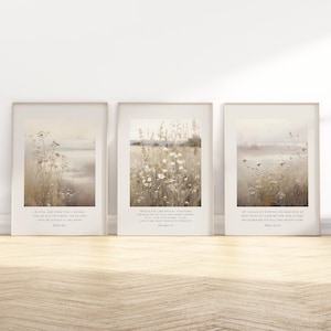 Neutral Wildflower Field Bible Verse Wall Art Poster/Canvas Gallery set of 3, Christian Proverb 3:5-6 Scripture Quote Botanic Artwork Print