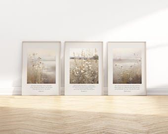 Neutral Wildflower Field Bible Verse Wall Art Poster/Canvas Gallery set of 3, Christian Proverb 3:5-6 Scripture Quote Botanic Artwork Print