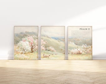 Psalm 23 Full Chapter Bible Verse wall art Poster/Canvas, Set of 3 Christian Vintage oil painting landscape scripture quote Artwork print