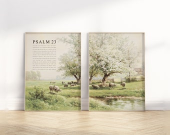 Psalm 23 volledige hoofdstuk Bijbelvers ingelijste poster kunst aan de muur, set van 2 christelijke vintage olieverfschilderij landschap schrift offerte artwork print