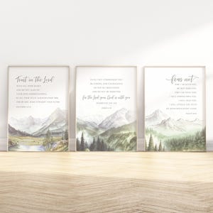 Juego de 3 pósteres/lienzos con versículos bíblicos cristianos para pared: Isaías 41:10, Josué 1:9, Proverbios 3:5-6, acuarela, paisaje, cita bíblica
