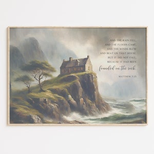 Matteo 7:25 casa costruita sulla roccia Versetto della Bibbia Poster/Tela da parete, Illustrazione d'epoca religiosa cristiana, dipinto a olio, opera d'arte stampata