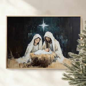 Weihnachtskrippe Wand Kunst Poster / Leinwand, Christliche Öl Malerei religiöses Kunstwerk, Mary Joseph Jesus Portrait Stern von Bethlehem Karte
