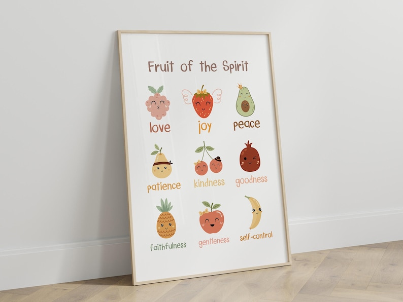 Kids Fruit of the Spirit Bible verse wall art poster/canvas, Galatians 5:22-23 Christian Religious Scripture quote Nursery Artwork Print image 5