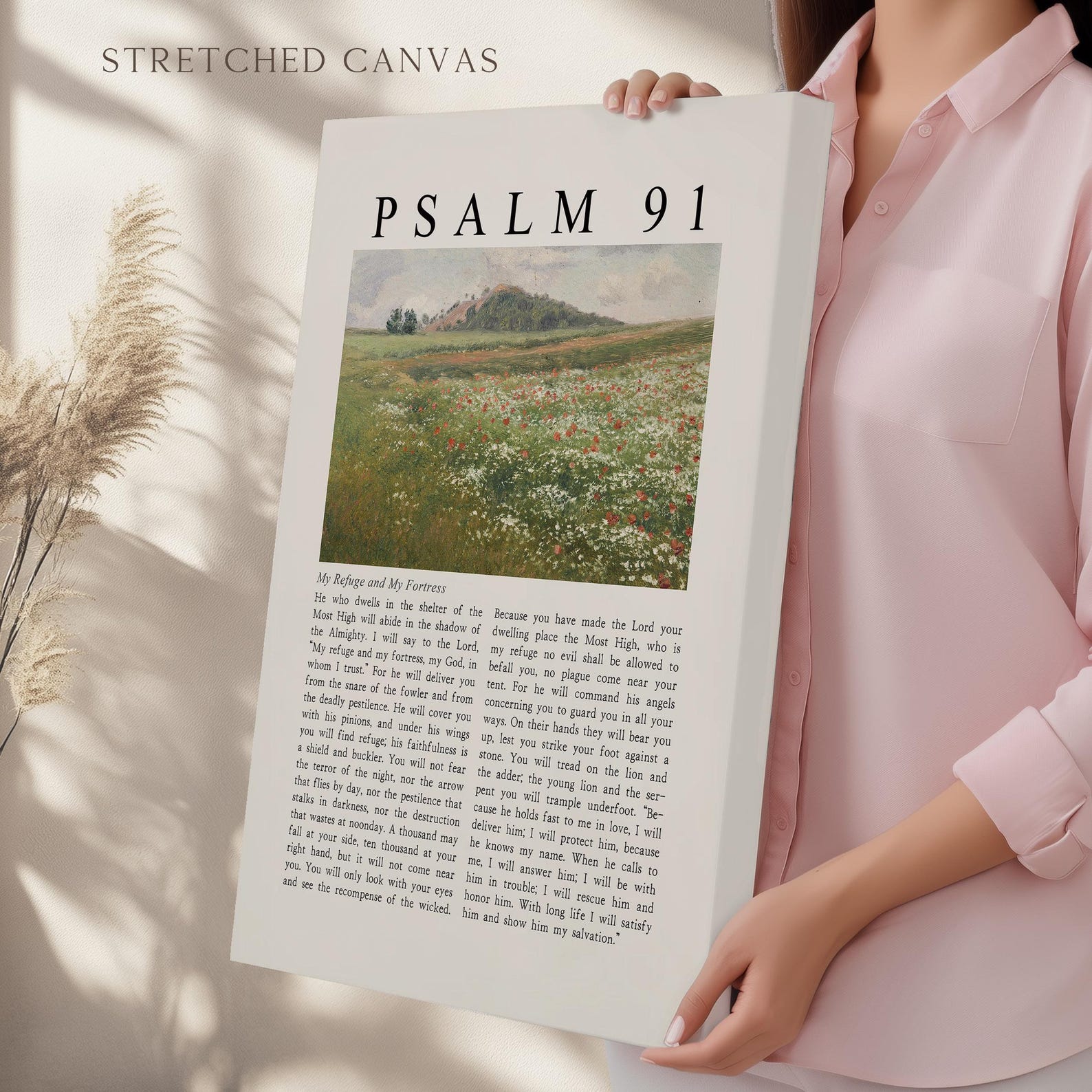 Psalm 91 My Refuge and My Fortress Bible Verse Poster/Canvas wall art, Vintage Christian Landscape painting Religious Scripture quote print - Stretched Canvas (Ready to Hang), 12"x16"