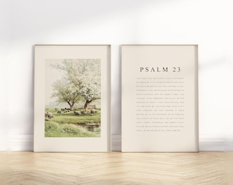Psalm 23 Full Chapter Bible Verse wall art Poster/Canvas, Set of 2 Christian Vintage oil painting landscape scripture quote Artwork print