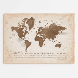 The Great Commission Bible Verse wall art Poster/Canvas, Matthew 28:19-20 Christian scripture quote Vintage World Map Missionary/Pastor Gift