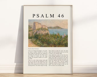 Psalm 46 God is our Fortress Bible Verse Unframed Poster wall art, Christian landscape oil painting Scripture quote religious artwork print