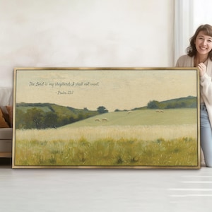 Psalm 23:1 The Lord is my Shepherd Bible Verse Wall art Poster/Canvas, Christian scripture Quote Vintage Oil Painting Long Landscape Artwork