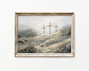 Jezus kruisiging christelijke Pasen muur kunst poster/canvas, 3 kruisen op de Golgotha-heuvel, hij is verrezen religieus aquarel kunstwerk