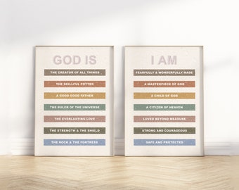 Identity in Christ Kids Affirmation Bible Verse unframed poster Wall Art, Set of 2 Modern Boho Christian Scripture Quote Baby Nursery Print