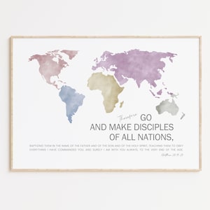 The Great Commission Bible Verse Poster/Canvas Wall Art, Christian Matthew 28:19-20 Scripture Quote Large World Map artwork print for pastor