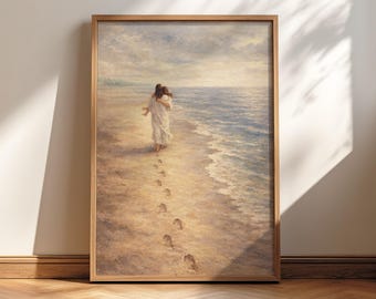 Footprints in the sand poem Christian wall art Poster/Canvas, "Jesus carrying you" Vintage oil painting illustration artwork