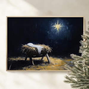 Póster/lienzo de arte de pared navideño con escena del pesebre, obra de arte de pintura al óleo cristiana rústica, Niño Jesús religioso, estrella de Belén, noche de paz