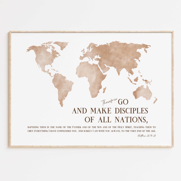 The Great Commission Matthew 28:19-20 Bible Verse Unframed Poster/Textured Watercolor Wall Art, Christian Church Sunday School World Map Art