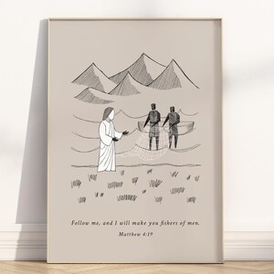 Fischer der Männer Minimalistische christliche Wandkunst Poster / Leinwand, moderne abstrakte Bibelgeschichte Illustration Matthäus 4:19 Schrift Kunstwerk Druck