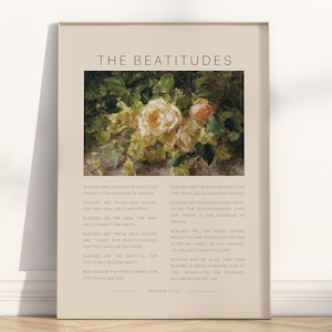 The Beatitudes Bible Verse Wall Art Poster/Canvas, Sermon on the Mount Christian Vintage Floral Oil Painting Scripture Quote Artwork Print