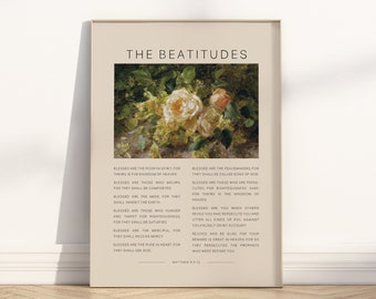 The Beatitudes Bible Verse Wall Art Unframed Poster, Sermon on the Mount Christian Vintage Floral Oil Painting Scripture Quote Artwork Print