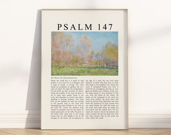 Psalm 147 He Heals the Brokenhearted Bible Verse unframed wall art poster, Vintage Christian Landscape oil painting Scripture quote Artwork