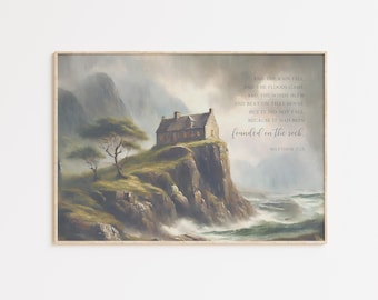 Matthew 7:25 house built on the rock Bible Verse Wall Art poster/Canvas, Christian Religious vintage illustration oil painting artwork print