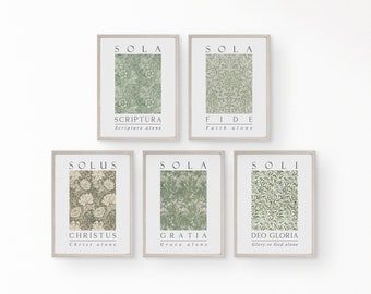 The 5 solas of the Reformation Unframed Poster, Christian Botanic Latin English Sola Gratia Fide Christus Scriptura Soli Deo Gloria Artwork