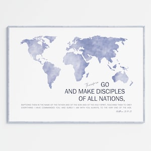 The Great Commission Matthew 28:19-20 Bible Verse Wall Art Poster/Canvas, Christian Scripture Quote Large World Map Print Pastor missionary