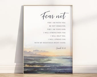 Póster/lienzo de arte mural con versículo bíblico "No temas" de Isaías 41:10, acuarela minimalista cristiana moderna, paisaje de playa y océano, cita bíblica impresa