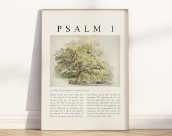 Psalm 1 He shall be like a tree Bible Verse Unframed Poster, Vintage Christian watercolor illustration scripture quote religious Artwork