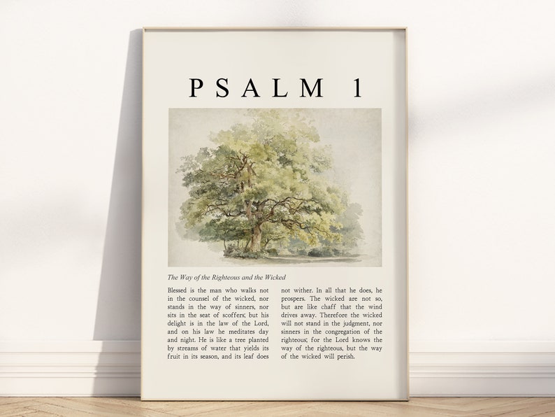 Psalm 1 He shall be like a tree Bible Verse Unframed Poster, Vintage Christian watercolor illustration scripture quote religious Artwork image 1