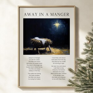 Plakat/płótno z hymnem świątecznym „Away in a Manger”, chrześcijańska kolęda kościelna, obraz olejny na płótnie, sztuka świąteczna, wydruk
