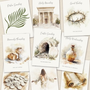 Christian Holy Week Easter Story Cards, Religious Easter Advent Countdown bible verse Scripture quote family activity study devotional print